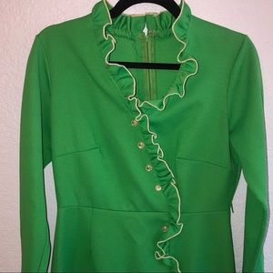 Vintage 60s 70s ruffle-edged faux wrap bright green long-sleeve dress EUC 6-8 M